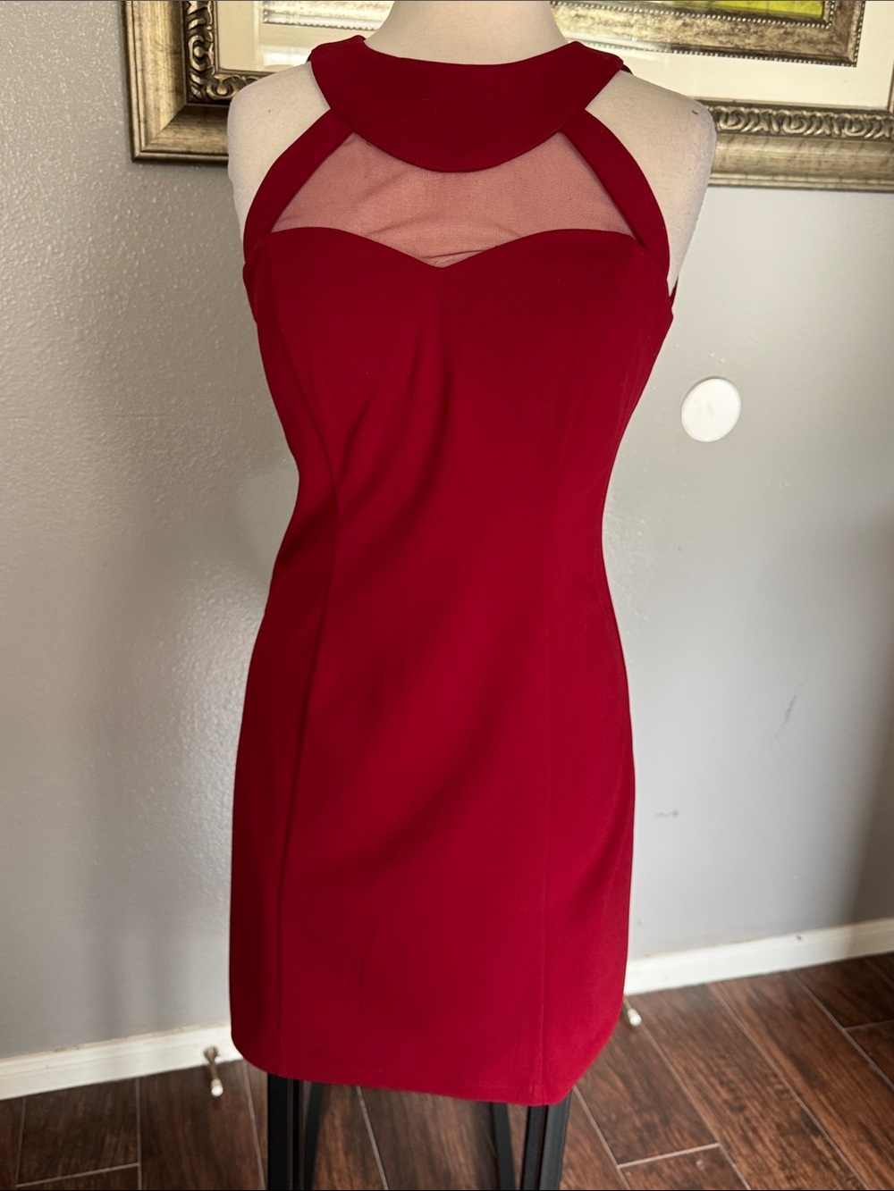 Speechless Red Mesh Yoke Mini Sheath Dress